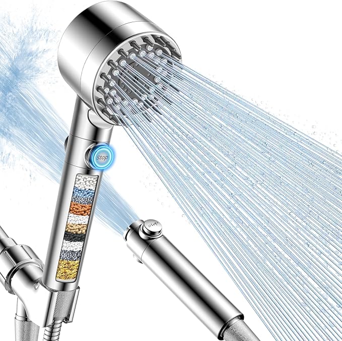 FEELSO Filtered Shower Head with Handheld, High Pressure Shower Filter Head | ON/OFF Switch, Anti-clog Nozzles, 4 Spray Showerhead with Filters for Hard Water, Remove Chlorine, Reduce Dry Itchy Skin