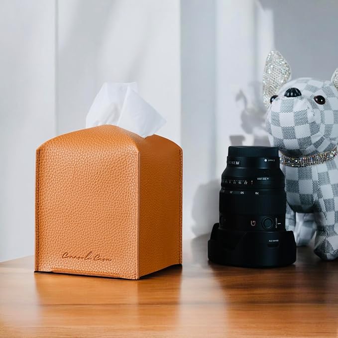 Premium PU Leather Tissue Box Holder - Elegant Hotel-Style Tissue Box Cover for Home, Office & Car Décor, Tissues Cube Organizer for a Natural & Classic Look (Orange 2 Pack)