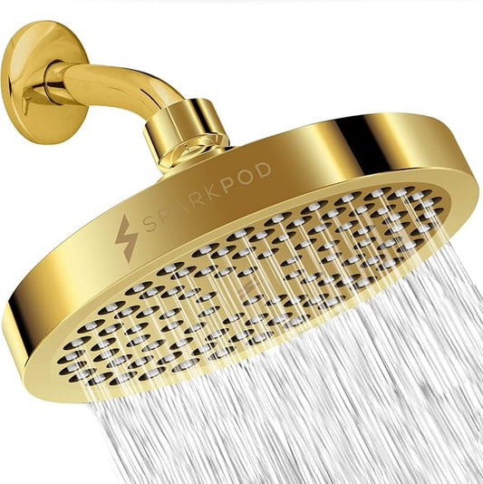 SparkPod Rain Shower Head, 6 Inch Round, Egyptian Gold Finish | High Pressure Shower Heads, 90 Nozzles, Adjustable Showerhead, No Tools Needed, Universal Connection