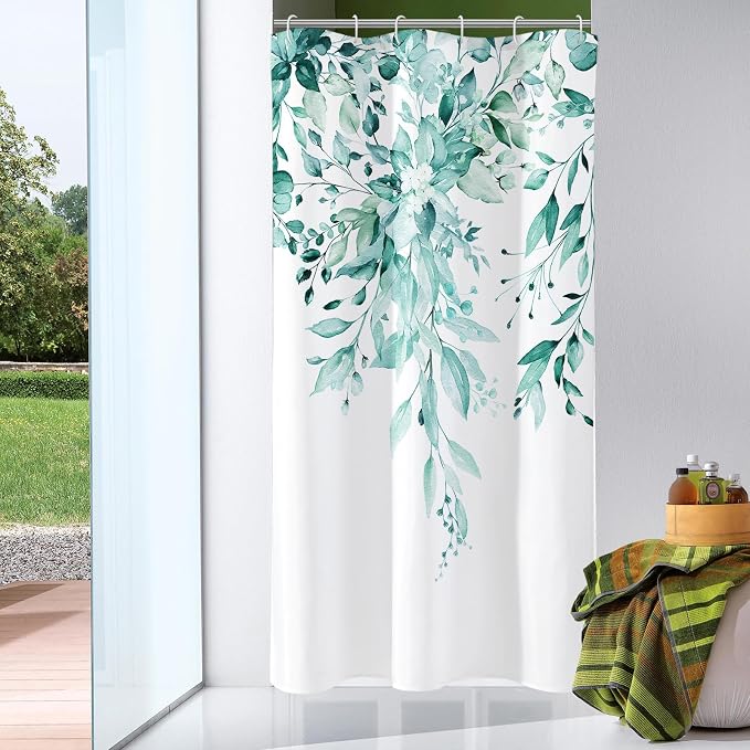 Teal Eucalyptus Shower Curtain, Watercolor Floral Print, 60x72 | Watercolor Plant Leaves Floral Print, Stall Waterproof Fabric Bathroom Decor, Machine Washable, Rustproof Grommets