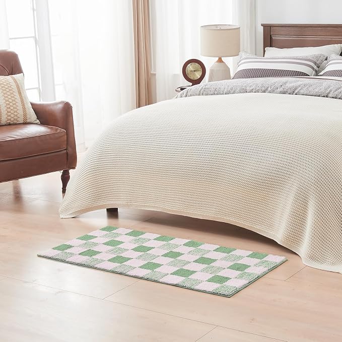 CozeCube Sage Green Checkered Bath Mat 36"x24" Non Slip Washable Rug | For Bathroom Non Slip, Fluffy Absorbent Microfiber Bath Mats Machine Wash, Stylish Large Aesthetic Bathroom Rugs