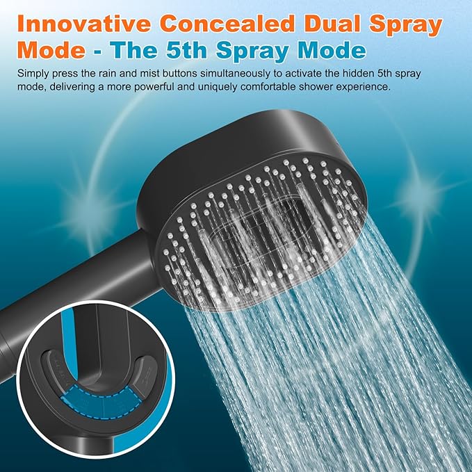 Hibbent Filtered Showerhead with handheld, High Pressure 5 Sprays Shower | Black Shower Head, Brass Holder & 71" Metal Hose, Water Softener for Hard Water-Remove Chlorine, Reduces Dry Itchy Skin