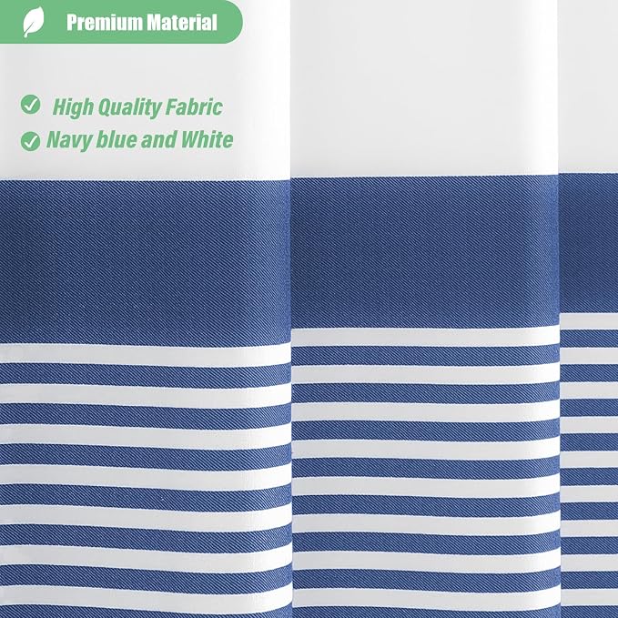 Extra Long Shower Curtains, 84 Inch Long Farmhouse Boho Striped Fabric Tassel Shower Curtain for Bathroom, Tall Bohemian Textured Cloth Shower Curtain Set with Hook, Navy Blue, 72x84
