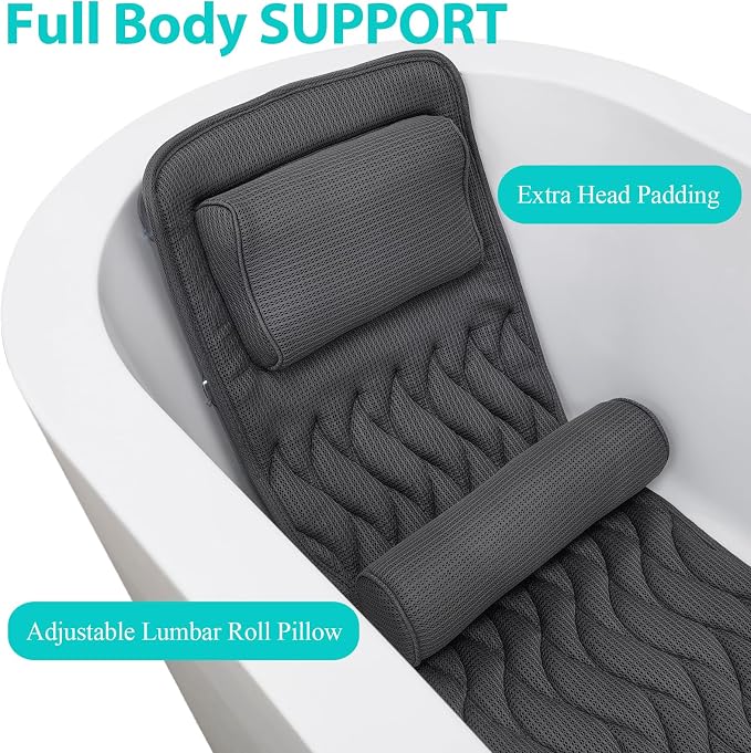 AEROiVi Full Body Bath Pillow Adjustable Lumbar Pillow 14 Suction Cups Gray | Relaxing Soft Bathtub Cushion with laundry bag 3D Air Mesh Fit Any Tub Bathroom Accessories Washable Quick-Dry