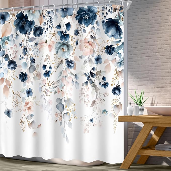 Extra Long Flower Spring Blue Pink Bathroom Shower Curtain Set | 72"W x 78"L Floral Wilfflower look, waterproof HD printed shower curtain, quick-dry fabric and free hooks.
