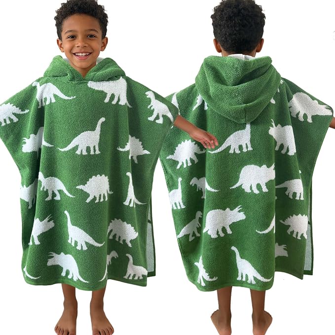 VOOVA & MOVAS Poncho Towel for Kids, 4-8 Years, 100% Cotton, Thick,Dino | 28"x28" Large Size, Cute Dinosaur Jacquard, Soft, Absorbent & Quick Dry, Fits Pool, Bathroom and Swimming