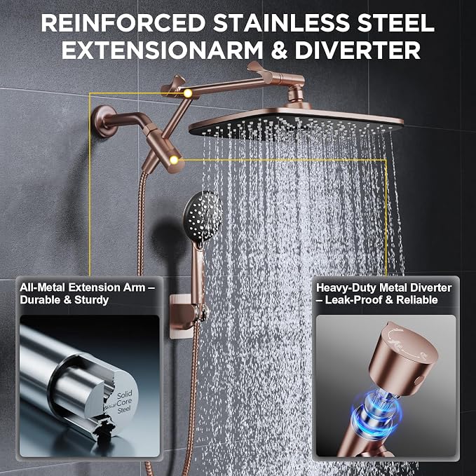 Veken Rose Gold 11.8" High Pressure Shower Head with Handheld, Easy Install | Handheld Shower Head with Multi Spray Modes,Rainfall Combo with 15" Metal Extension Arm,Detachable Dual Shower,Regaderas Para
