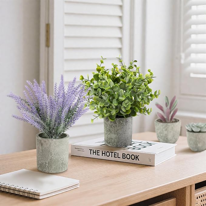 ALAGIRLS 4 Packs Fake Plants Lavender Artificial Plants | Fake Lavender Flowers, Eucalyptus Succulents Plants, Potted Faux Plants for Home Indoor Office Bathroom Living Room Decor