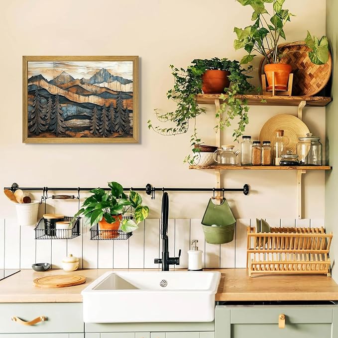 Vintage Boho Mountain Wall Art, Framed Landscape Canvas Wall Art, Nature Forest Wall Decor, Rustic Farmhouse Print Poster Painting for Living Room Bedroom Dining Room 16x24 Inch