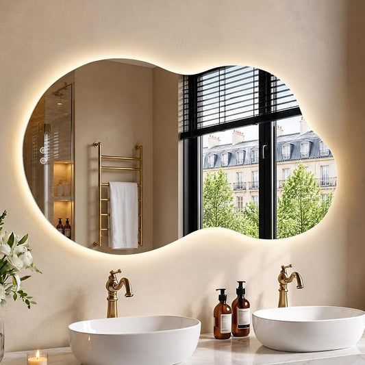 26" x 48" Irregular Backlit Bathroom Mirror, Anti-Fog | Tempered Glass, Cloud Shape, 3 Color Lighting, Stepless Dimming, Memory Function, HD Reflection, Wall Mounted