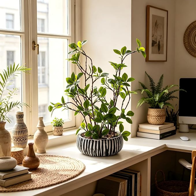AlphaAcc 12 inch Artificial Potted Plants Indoor Office Desk Fiddle Leaf Fig Plant Plant Realistic Small Fake Farmhouse Plants for Home Kitchen Bathroom Bedroom Decor