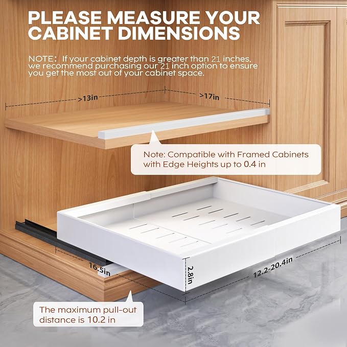 Seinloes 2 Pack Expandable Pull Out Cabinet Organizer 16.5"Deep with Raising Pad for Framed Cabinets,Upgrade 3 Slide Rails Slide Out Drawers,Roll Out Shelves Adhesive,Adjustable Width 12.2"-20.4"White