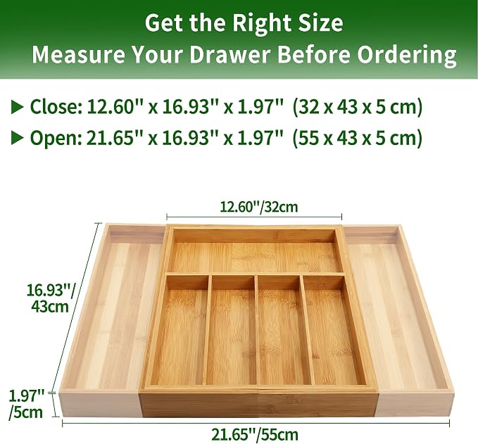 VaeFae Bamboo Drawer Organizer, Large, Natural | Expandable Silverware Organizer, Kitchen Utensil Storage, Wooden Cutlery Tray with Dividers, Fork and Spoon Holder