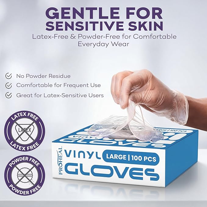 ProHeal Clear Vinyl Disposable Gloves - Food Safe Cooking and Household Cleaning Gloves -Powder and Latex Free Kitchen Glove