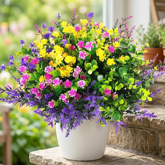 Hananona 12 Pcs Artificial Flowers Outdoor, Faux Artificial Plants UV Resistant Plastic Flower Bulk for Hanging Planter Porch Window Home Wedding Fall Summer Decor (12, Fuchsia, Purple, Yellow, Green)