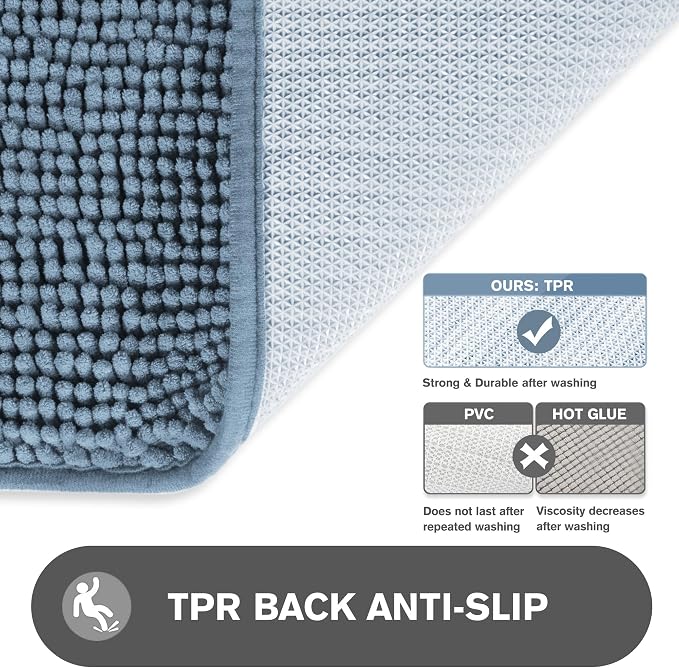 Blue Bathroom Rugs – Absorbent and Washable Bath Mat, Non-Slip, Thick Soft Chenille Bath Rugs for Bathroom Floor, Shower, Sink - 17" x 24"