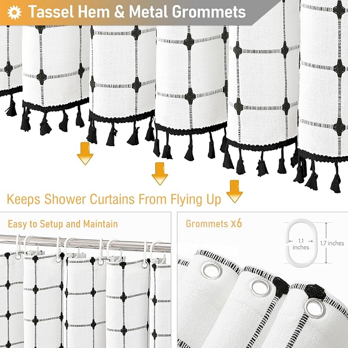 Stall Boho Farmhouse Linen Shower Curtain Set, 36x72, White and Black | Half Size, 330GSM Linen Blend, 3-side Tassels, Water Repellent Fabric, 6 Plastic Hooks, Rustic Bohemian, Machine Washable