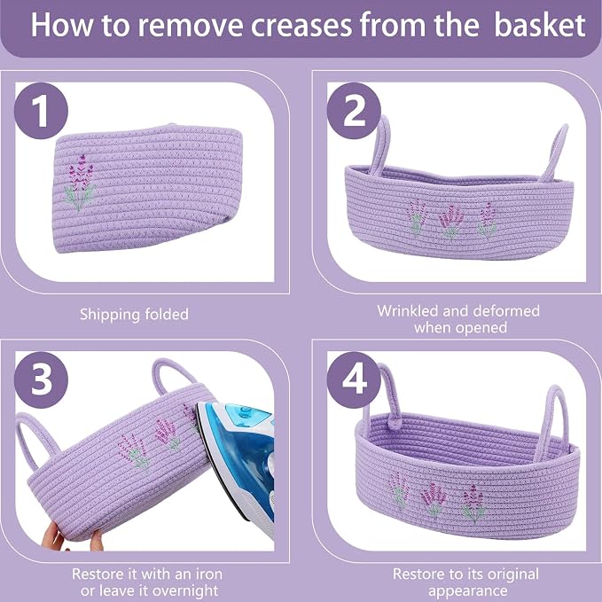 Vesici Purple Lavender Basket for Toilet Woven Cotton Rope Bathroom Decor | Lavender Bathroom Organizer, Boho Bathroom Countertop Decor, Nursery Toy Bin, 13x6x4 Inch, Embroidered Style