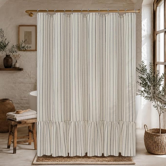 Yinhua Farmhouse Linen Shower Curtain with Ruffle, Black Striped Waterproof Shower Curtains for Bathroom, Country Vintage Bath Curtain with 12 Metal Hooks, Weighted Washable Fabric, 72" W x 84" L