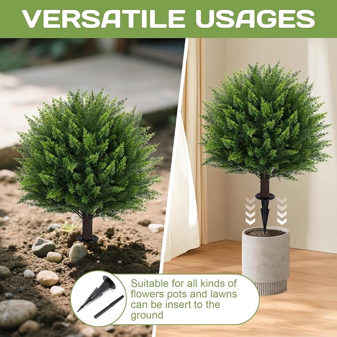 Artificial Cedar Topiary Ball Tree 23" with Ground Spike, Set of 2 Artificial Boxwood Bushes for Faux Shrubs, Fake Evergreen Faux Plant for Indoor Outdoor Porch Garden- UV Resistant – Fade-Proof