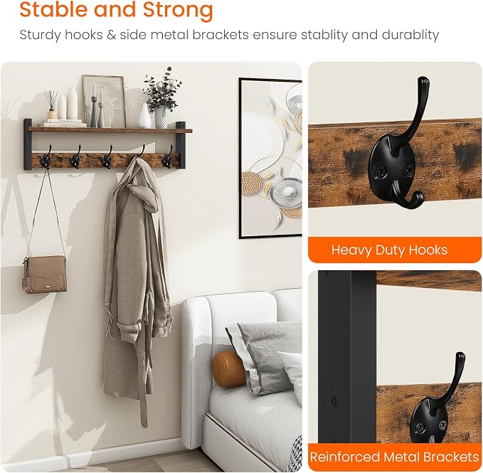 Coat Rack with Wall Mount, 24 Inch Long Entryway Wall Shelf with Hooks, Wood Hanger with Storage Shelf for Bathroom, Hallway, Rustic Brown Black