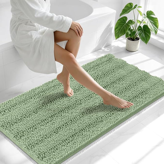 Smiry Thick Chenille Bathroom Runner Rugs 59x20, Soft Bath Mat, Sage Green | Quick‑Dry & Machine Washable, Non‑Slip Bath Carpet, Striped Bath Rugs for Tub & Shower, Modern Home Decor Accessories