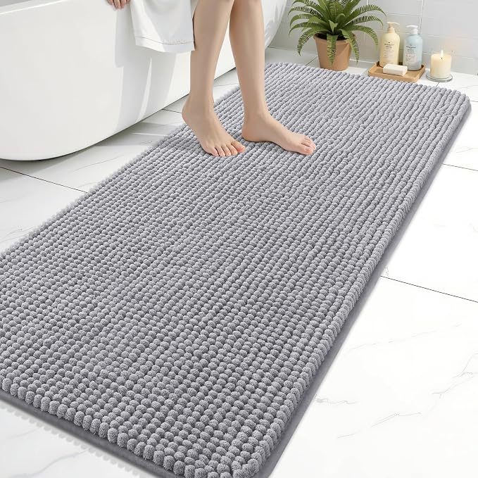 Arotive Chenille Bathroom Rugs 59x24, Soft Absorbent Bath Mat, Grey | Rubber Backing, Machine Washable Dry Bath Mats for Bathroom Floor, Tub and Shower, Home Decor Accessories