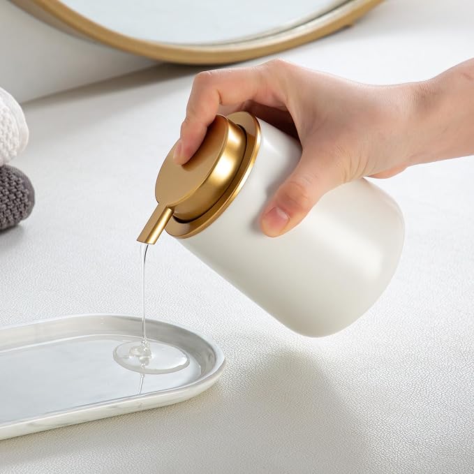 Enra White Ceramic Soap Dispenser, Lotion Dispenser with Gold Pump | 12oz Wide-Mouth Refill Design With Durable Ceramic Body. Elegant Accent for Countertops, Kitchens,and Modern Home Decor.