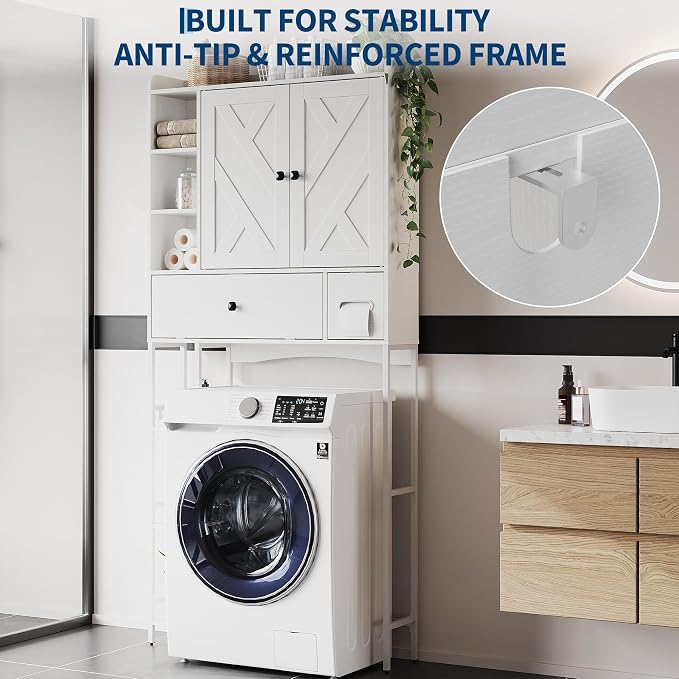 Garvee Over-The-Toilet Storage Rack, Modern Bathroom Organizer | MDF Shelves & Steel Frame, Space-Saving Toilet Shelf for Small Bathrooms, Bathroom Cabinet for Towels & Toiletries, White