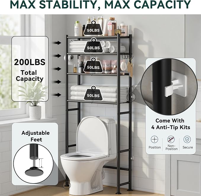 GloTika 4-Tier Over The Toilet Storage Shelves, Black | 200lb Total Capacity, Metal Bathroom Organizer with 36" Clearance, Includes Paper Holder & 4 Hooks, Suit for Small Space