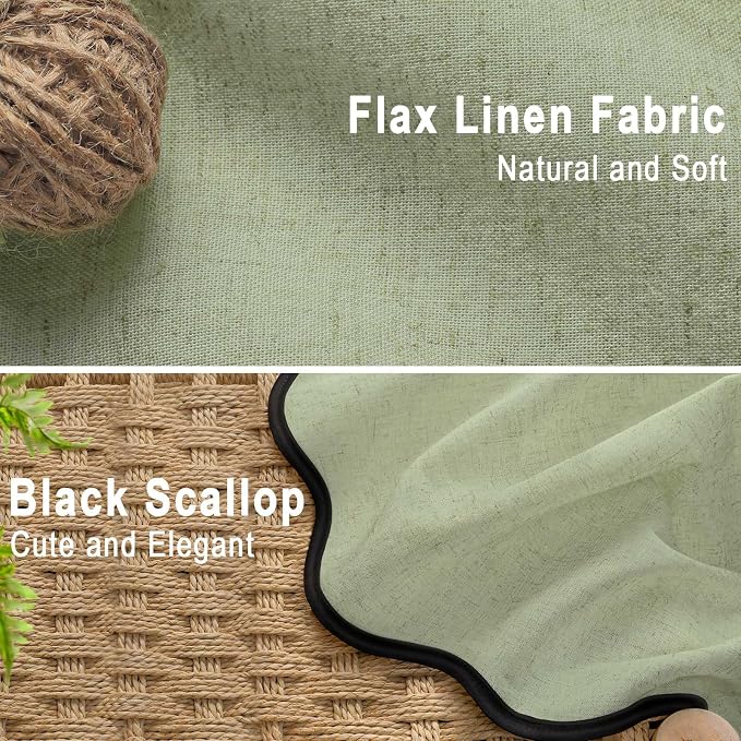 Scalloped Shower Curtain Linen Boho Flax Green 72" W x 72" L | Linen Fabric, Black Border, Washable, Heavy Duty Cloth, Shower Curtain for Boho Farmhouse Bathroom Bathtub
