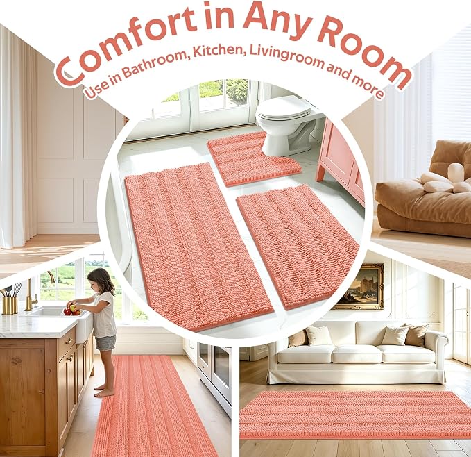 Striped Coral Bathroom Rug Set 3 Pieces Ultra Soft, Non Slip Chenille Toilet Mat, Absorbent Plush Shaggy Bath Mats for Bathroom, Bedroom, Kitchen