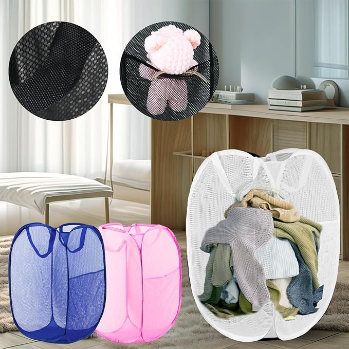 Pop Up Laundry Hamper, Mesh Laundry Basket Collapsible, Foldable Hamper for Travel and Storage, 3 Pack (White+Pink+Blue)