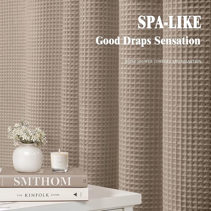 Waffle Weave Shower Curtain Heavyweight Cotton Fabric Beige 72Wx75L | Soft Cotton Cloth,3D Square Truely Waffle Washable, Hotel Luxury Spa, Shower Curtain Set for Bathroom 12 Plastic Hooks