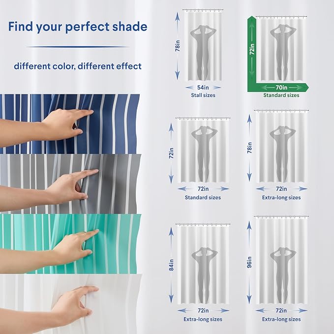 Clorox Shower Curtain Liner, Premium Striped Medium-Weight Durable Waterproof 6g PEVA for Bathroom with Weighted Magnets, Printed Standard Size 72" x 72", Grey