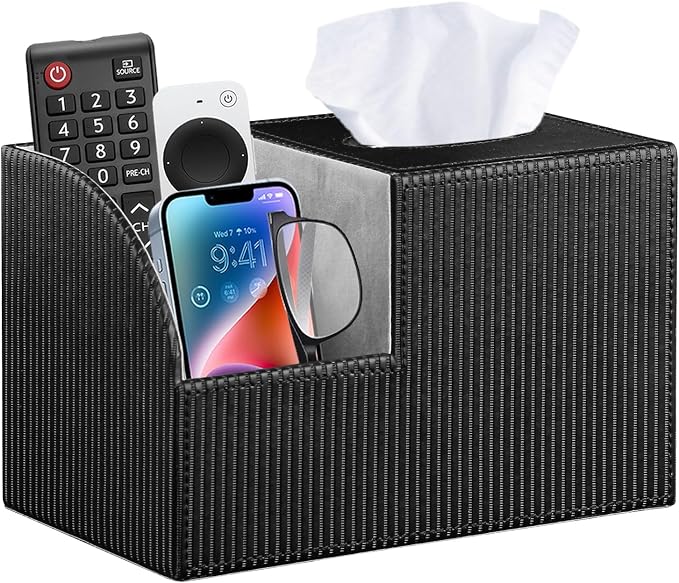 PU Leather Square Tissue Box Cover - Multi-Functional Tissue Box Holder, Tissue Box Cover with Storage,Tissue and Remote Control Holder, Cube Tissue Box Organizer Bedroom Nightstand End Table