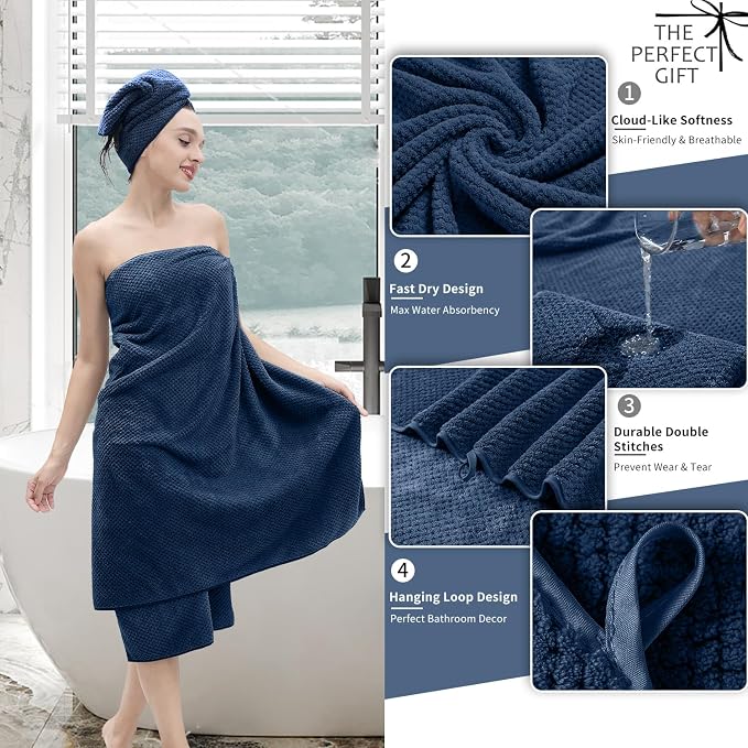 Bath Towel Set 4 Piece Oversized Bath Sheet 35"x70”Extra Large Bath Towel Soft Fluffy Microfibers Towel Set for Bathroom Hotel Highly Absorbent Quick Dry Bathroom Towel,600GSM Luxury Shower Towel Navy