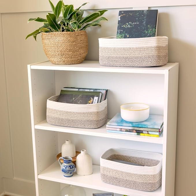 NaturalCozy 13.5”x8.5”x5.5” Storage Baskets for Shelves 3 Pack | Cotton Rope Woven Small Baskets for Organizing | Small Storage Bins for Nursery, Bathroom, Closet, Cube Shelf, Decorative, Gift