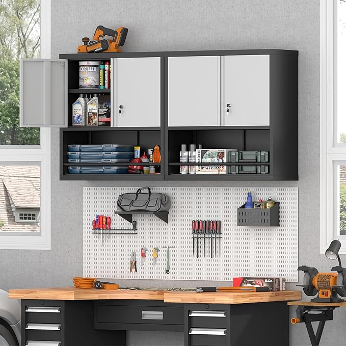 Garage Locking Cabinet, Wall Storage Cabinet with Shelves, Hanging Cabinets with Open Storage, Small Wall Cabinet, Lockable Tool Cabinet for Basement, School, Office