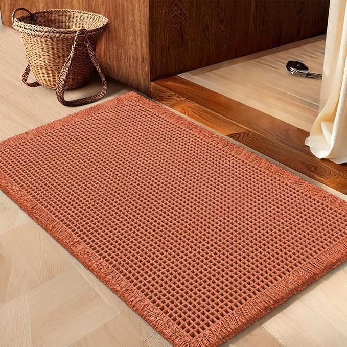 Waffle Bath Mat Burnt Orange 36"x24", Boho Woven Modern Bath Mat Rugs, Absorbent Non Slip Bathroom Rugs, Soft Washable Bath Rugs with Tassels for Bedroom, Kitchen, Shower, Tub