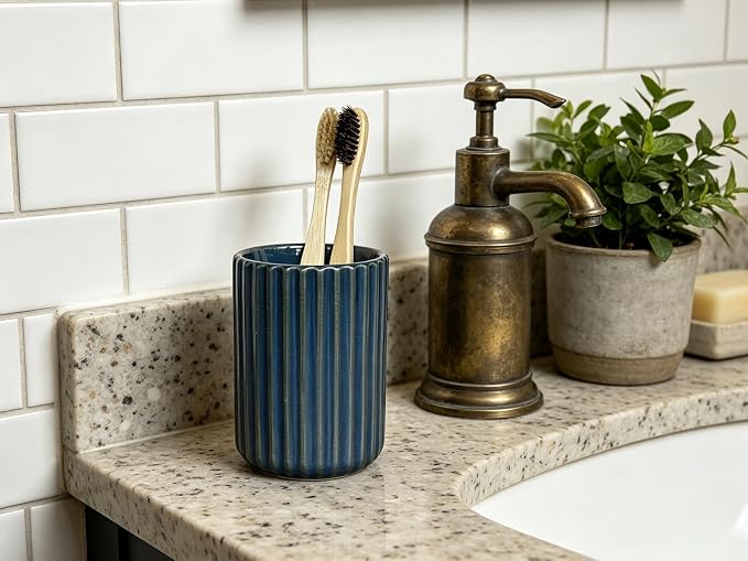 Stoneware Toothbrush Holder for Bathroom Tooth Brush Holder for Bathroom Toothbrush Cup Toothbrush Holders Cute Fluted Vertical Ribbed Stripe (Navy Blue)