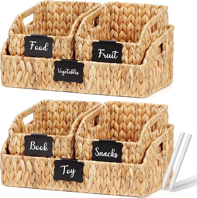 Wicker Baskets for Organizing, Pantry Baskets with Built-in Handles, Handwoven Labeled Wicker Storage Basket, Water Hyacinth Storage Bins for Shelves, 3 Pack, Natural - 2 Set
