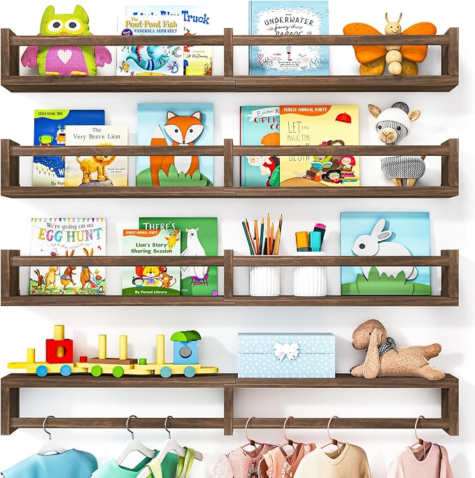 Fixwal Floating Nursery Book Shelves for Wall, 32in, Set of 4, Brown | Solid wood shelves store kids' books, toys and clothing. Fits kids' room, playroom, nursery, living room, bedroom & bathroom.
