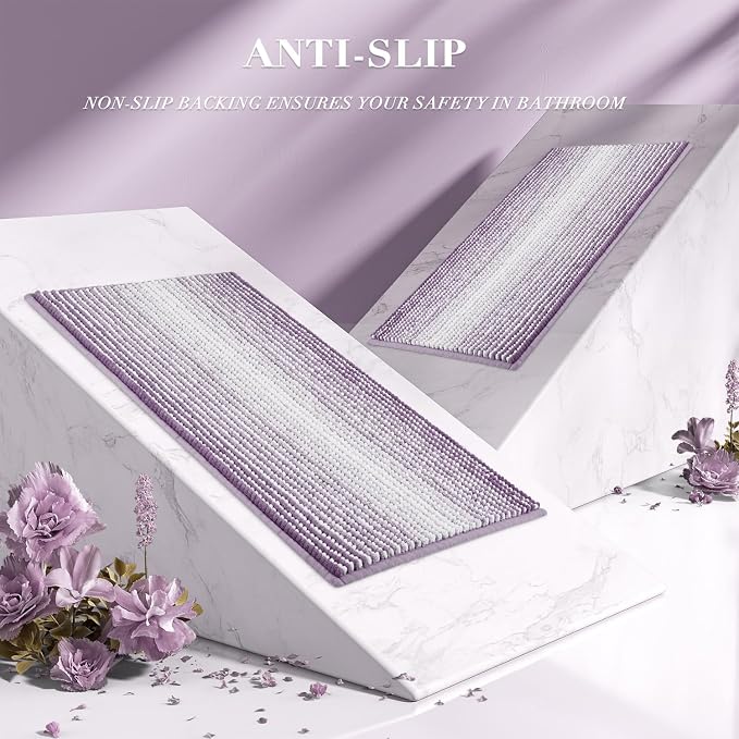 Bathroom Rugs and Mats Sets, 2 Piece Thick Absorbent Chenille Non Slip, Soft Shaggy Floor Mats, Machine Washable (Lavender Purple, 20" x 47" Plus 16" x 24")