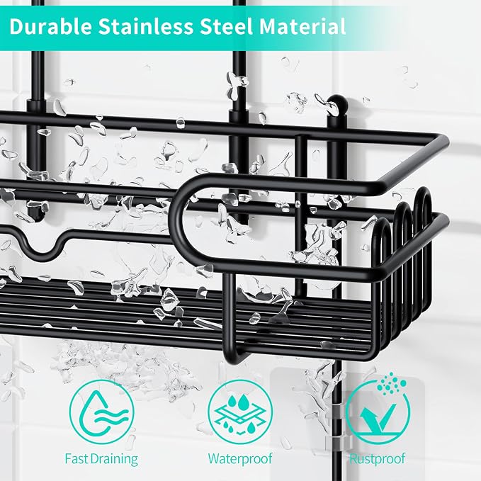 HapiRm Hanging Shower Caddy Organizer - Bathroom Organizer with 12 Hooks and Soap Holder, Rustproof Shower Shelf over Shower Head - Black