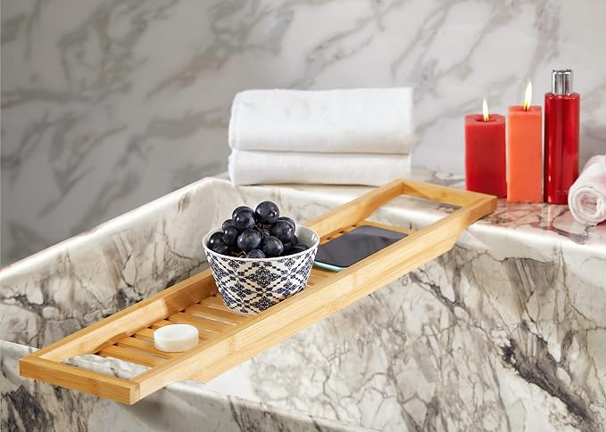 RoyalHouse Bamboo Bath Caddy Tray for Bathtub, Bath Table Tray with Book and Wine Glass Holder, Attractive Design, Suitable for Luxury Spa or Reading, Ideal Gift for Family & Friends