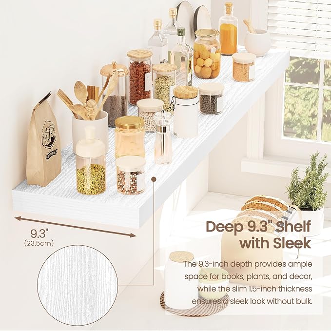Vivelove Floating Shelves 9 inch Deep 40”Long Set of 2, White | Easy Install With Hardware, 1.5" Thick, Invisible Brackets, Wall Mounted, No Sagging, For Any Room