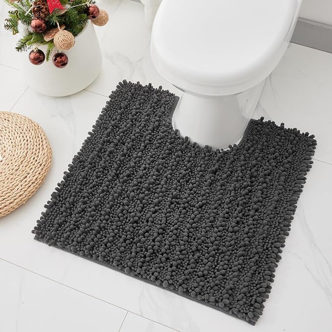 Toilet Rugs U-Shaped Mat 24x24, Contour Bathroom Mat - Ultra Soft & Absorbent Chenille, Quick-Dry, Machine Washable with Non Slip Barrier Backing, Darkgrey