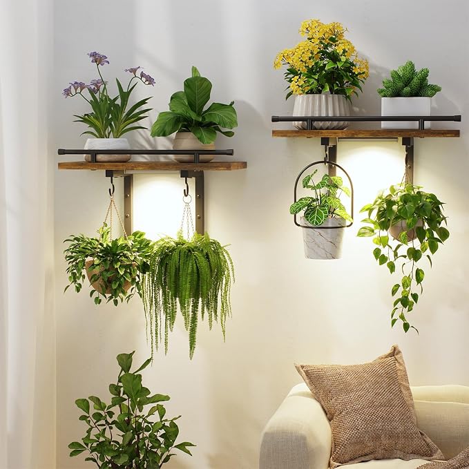 LASZOLA Wall Plant Shelves Floating Hanger Holder with Lights, 2 Pack Brown | Window Stand with Hooks, Metal and Wood, Flower Hanging Display Rack for Indoor Bedroom Living Room Bathroom Kitchen Decor