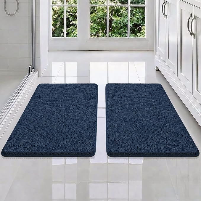 Bcoimo Bath Rug Mat Set, 2 Piece Thick Absorbent Chenille Bathroom Mat Navy | Non Slip with Rubber Backing Bathroom Rugs set; Machine Washable;Extra Soft Bath Rug;High Absorbent、Quick Dry Microfiber mat